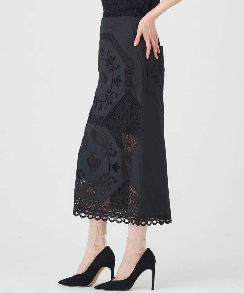 COTTON/ LINEN CUTWORK LACE EMBROIDERY SKIRT | v
