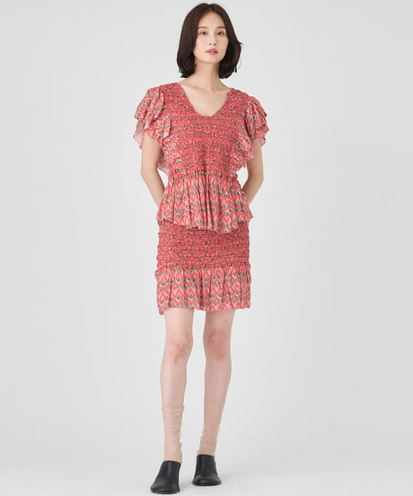 SMOCKING ETHNIC PRINT BLOUSE