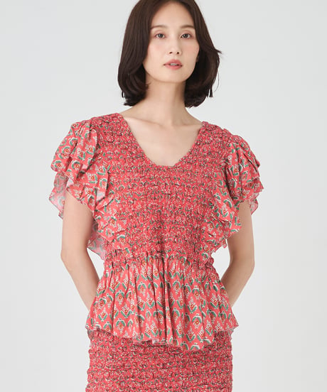 SMOCKING ETHNIC PRINT BLOUSE