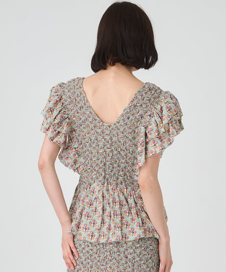 SMOCKING ETHNIC PRINT BLOUSE