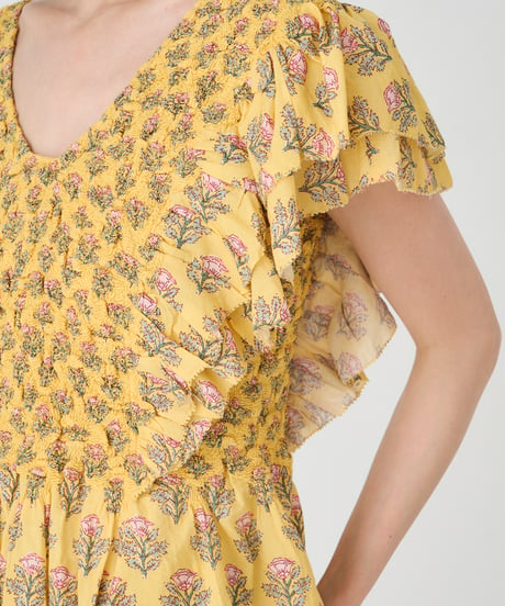 SMOCKING ETHNIC PRINT BLOUSE