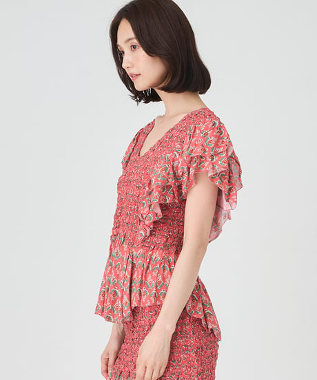 SMOCKING ETHNIC PRINT BLOUSE
