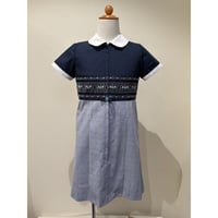 子供ワンピース　  スモッキング　ブルー刺繍xグレンチェック　　　 １１０〜１２５