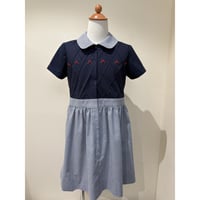 子供ワンピース　  紺ダイヤピンタックx赤刺繍　　 130.140