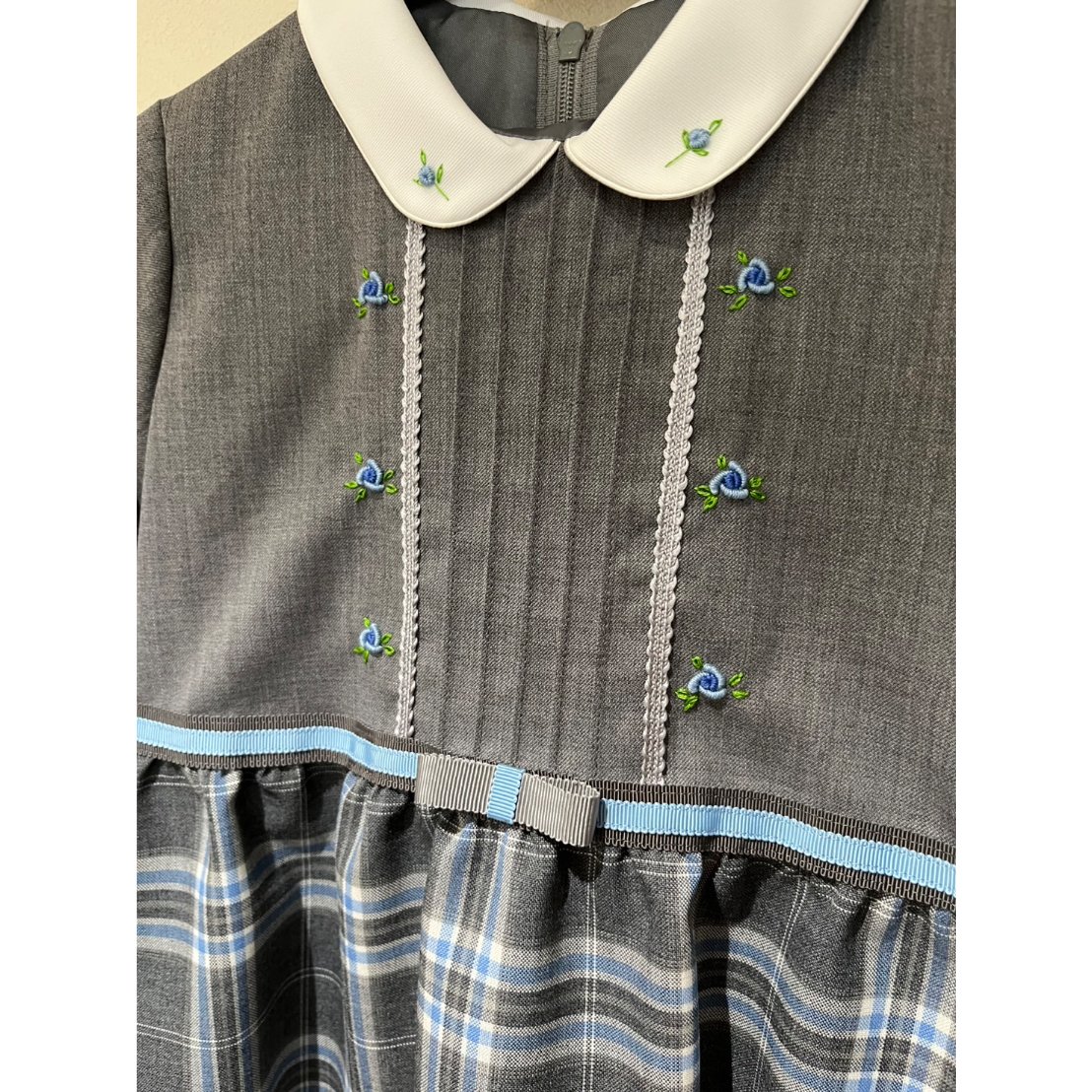 荻窪七里　グレー×チェック半袖ワンピース　120サイズ　七里久美子　お受験 荻窪七里 グレー×チェック半袖ワンピース 120サイズ 七里久美子