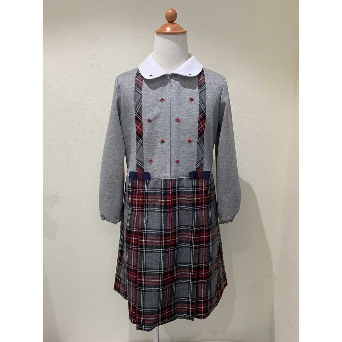 荻窪七里　グレー×チェック半袖ワンピース　120サイズ　七里久美子　お受験 荻窪七里 グレー×チェック半袖ワンピース 120サイズ 七里久美子
