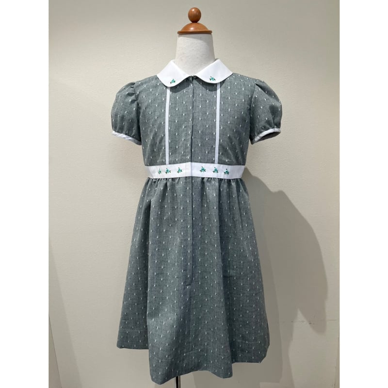 荻窪七里ワンピース130 子供ワンピース 春夏 緑ドット柄/グリーン刺繍 130~150 | Shichiri
