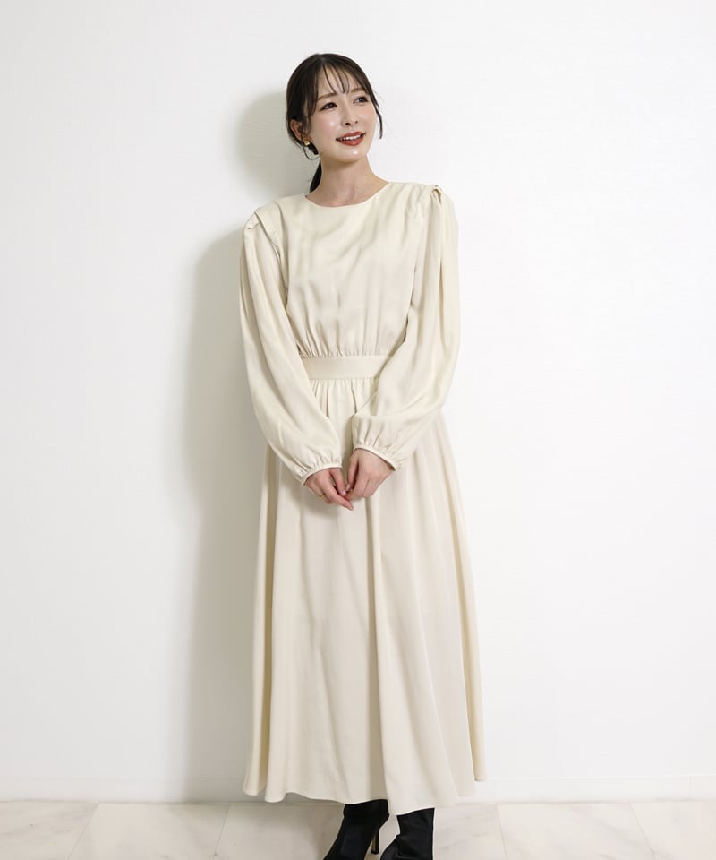 yh　Lunnamiu ウエスト切替プリーツワンピース 袖あり異素材ウエスト切替プリーツワンピース｜結婚式パーティの