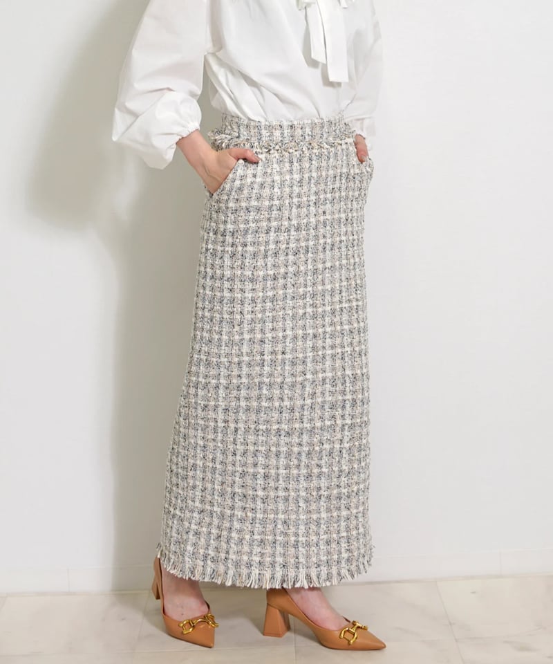 ミックス ツイード フリンジヘム セミタイトスカート ロング CH_hdmn