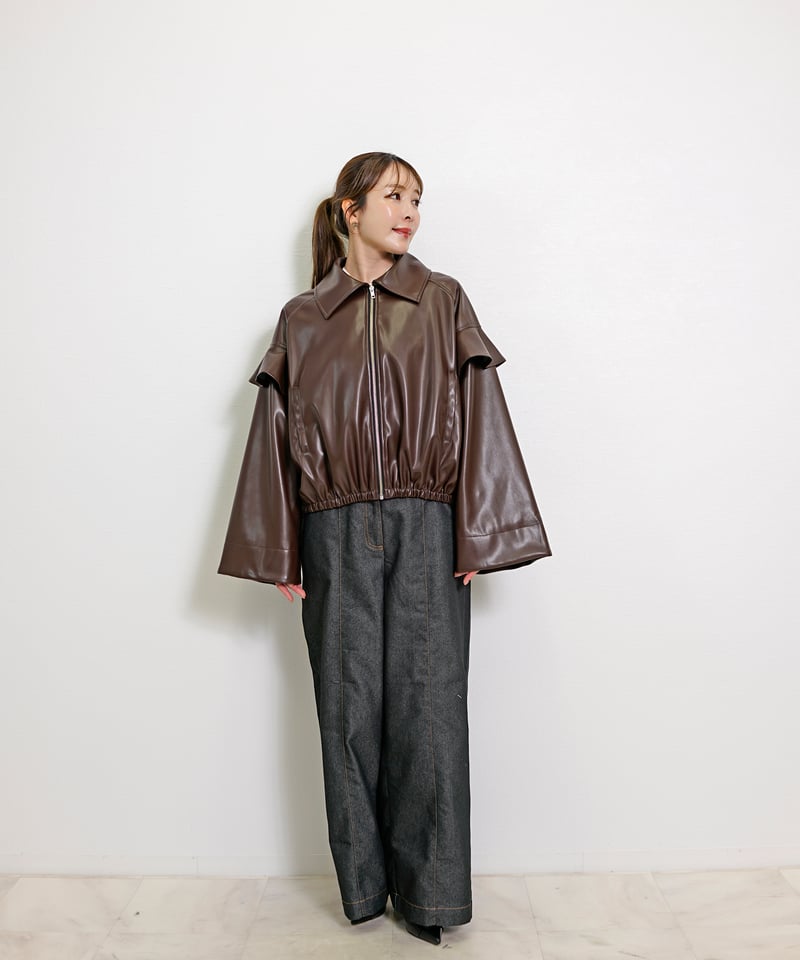 2025AW新作】 フェイクレザー ステンカラー フリルスリーブ ジャケット