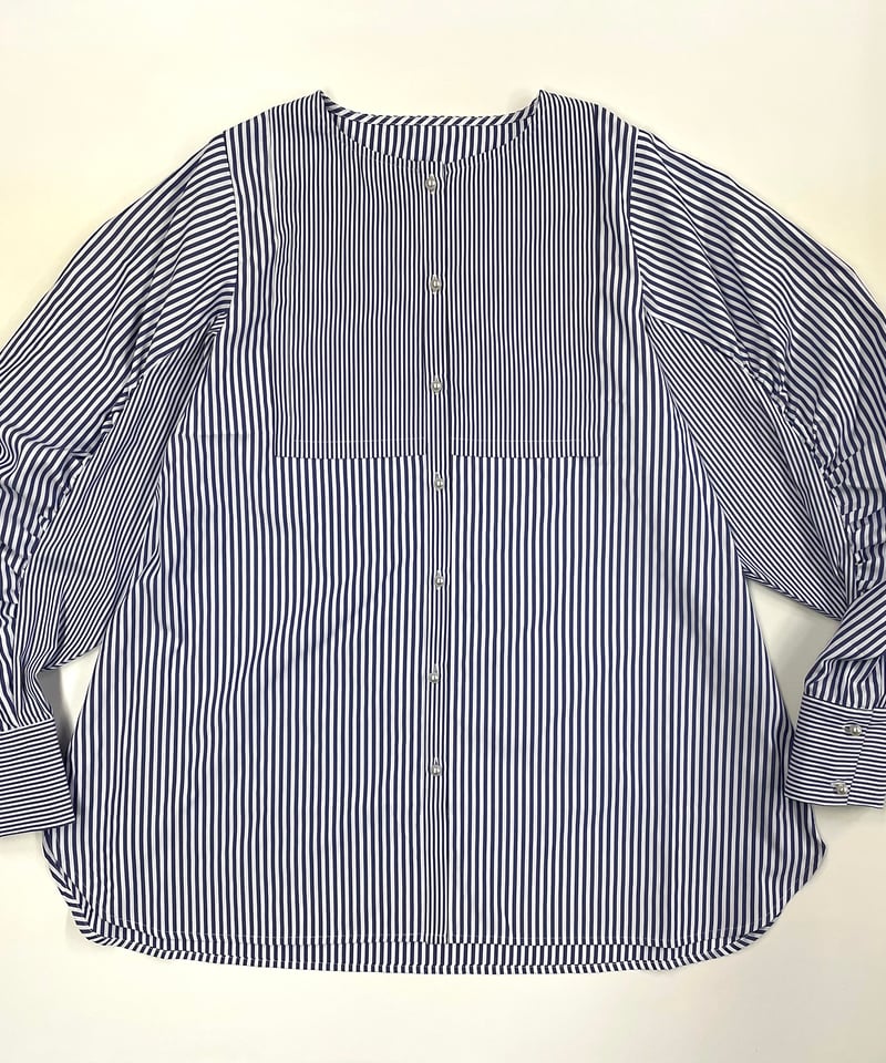 ストライプ ビブヨーク ギャザースリーブ セミロングシャツ CH_hdmn
