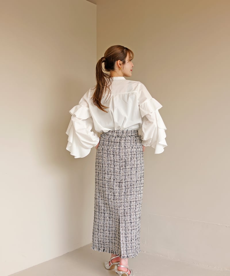 ミックス ツイード フリンジヘム セミタイトスカート ロング CH_hdmn