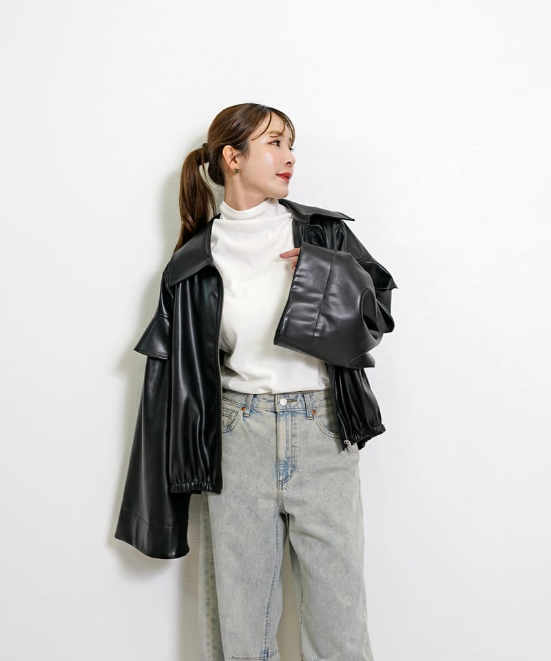 2025AW新作】 フェイクレザー ステンカラー フリルスリーブ ジャケット