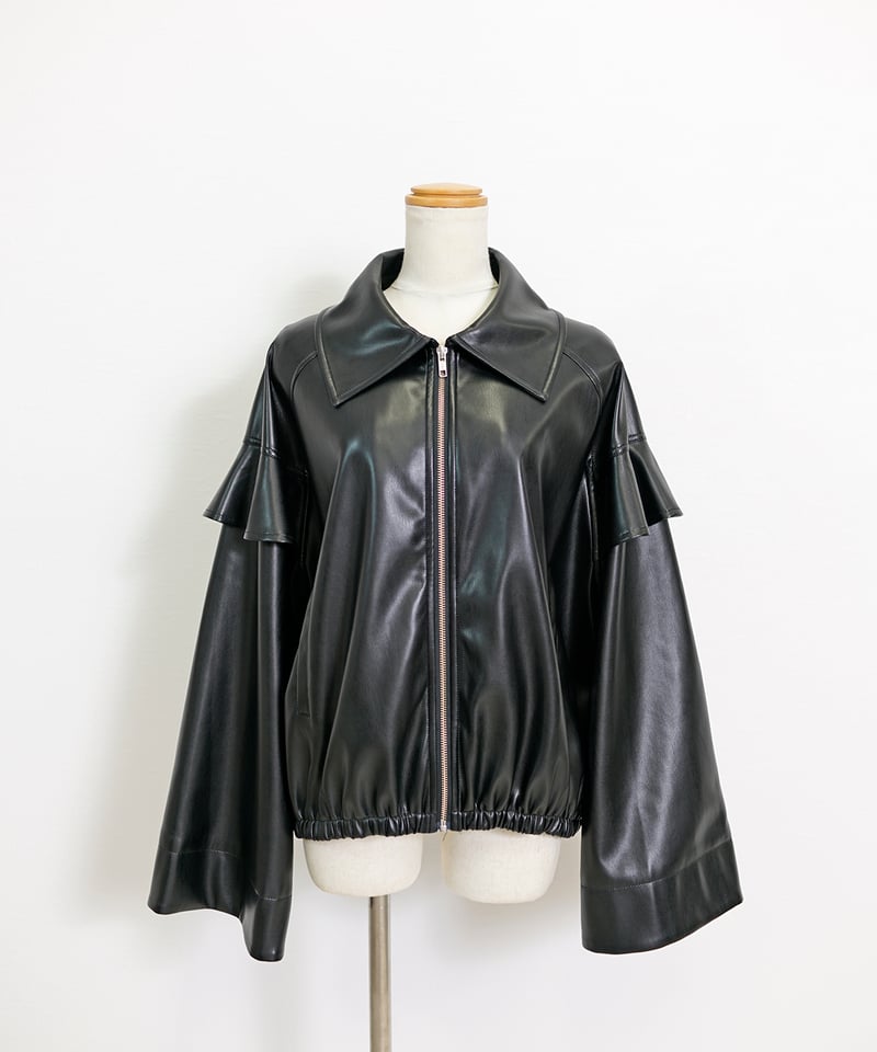 2025AW新作】 フェイクレザー ステンカラー フリルスリーブ ジャケット
