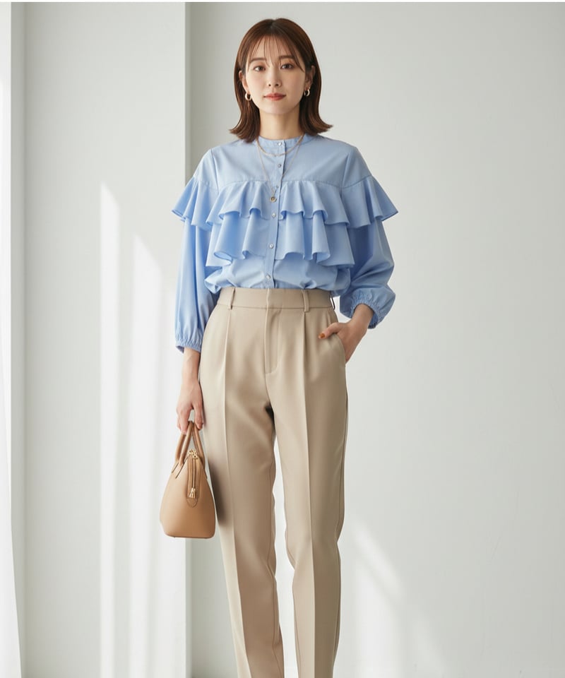 ダブル フリル メタリックボタン ブロード シャツ ブラウス CH_hdmn