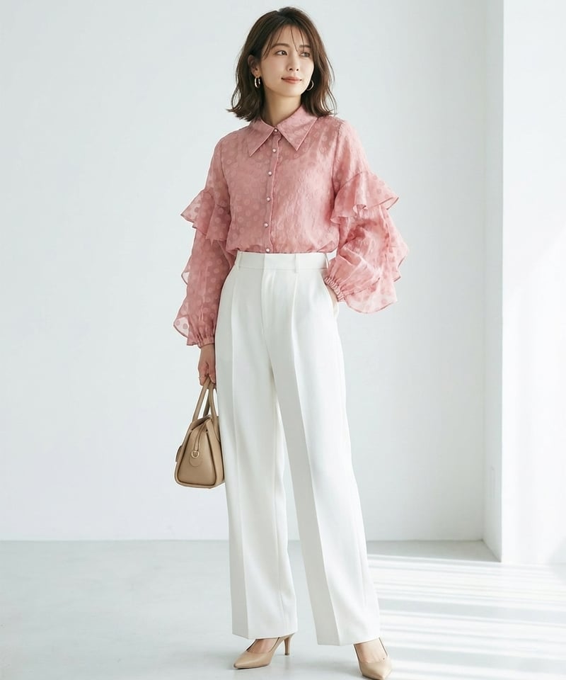 ドット ジャカード オーガンジー フリルスリーブ シアーシャツ CH_hdmn