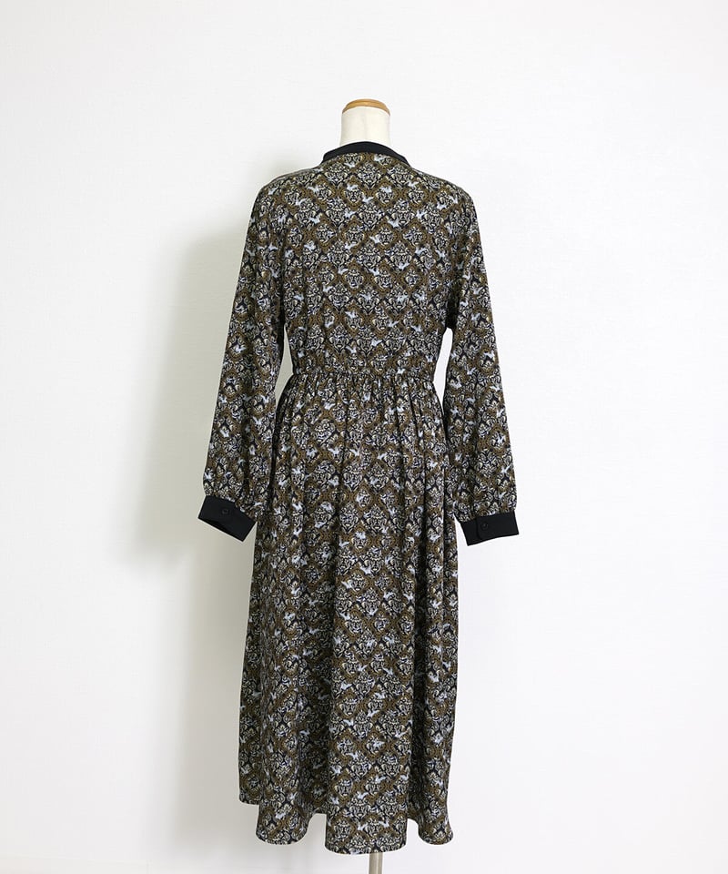 アラベスク バロック柄 ピンタックワンピース レトロ 欧風 CH_hdmn