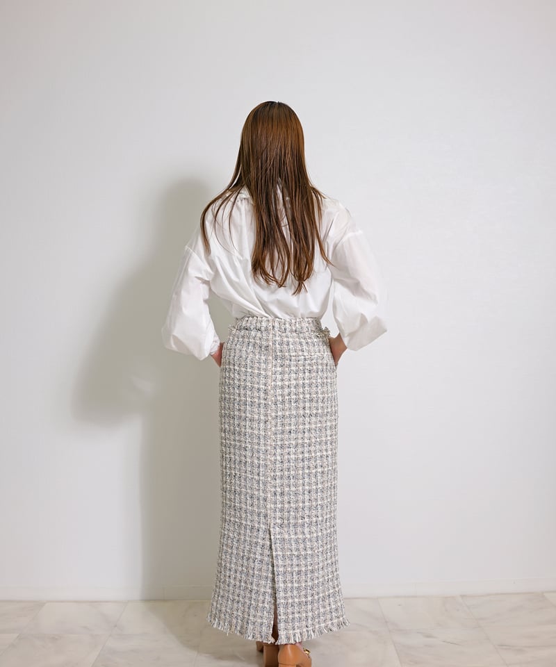 ミックスツイード ロングスカート ミックス ツイード フリンジヘム セミタイトスカート ロング
