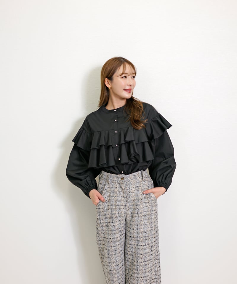 ダブル フリル メタリックボタン ブロード シャツ ブラウス CH_hdmn