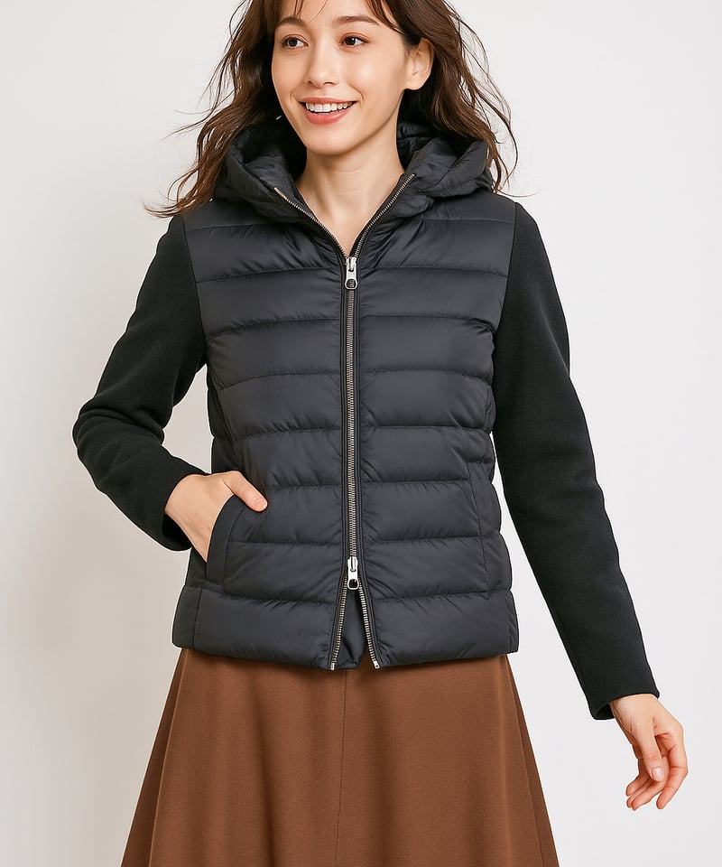 新作】 ニット袖 フード付き ダウンジャケット ダウン80% フェザー20