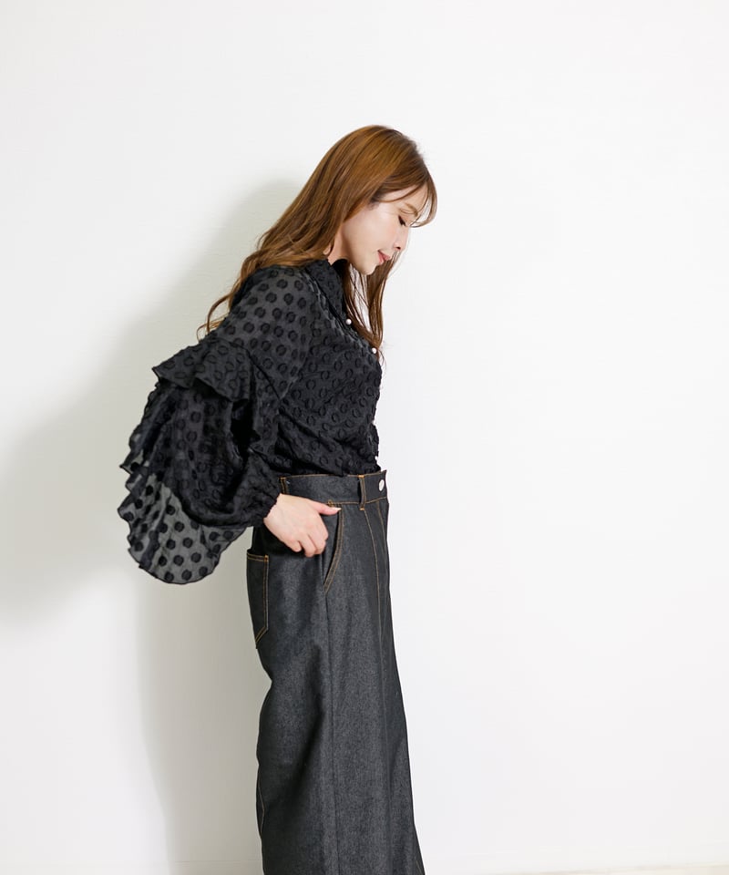 ドット ジャカード オーガンジー フリルスリーブ シアーシャツ CH_hdmn