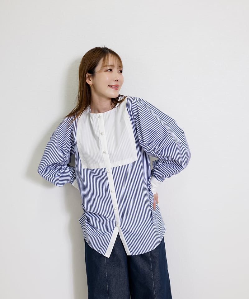 ストライプ ビブヨーク ギャザースリーブ セミロングシャツ CH_hdmn