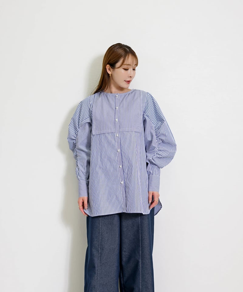 ストライプ ビブヨーク ギャザースリーブ セミロングシャツ