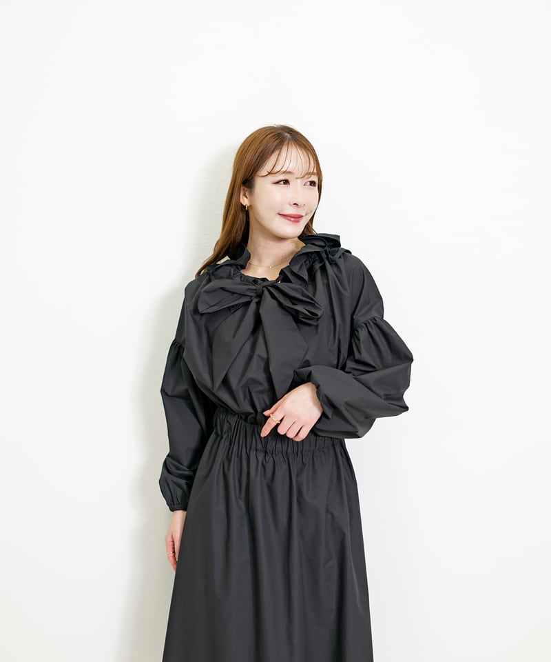 TC ギャザーネック ボウタイ ボリュームスリーブ ワンピース CH_hdmn