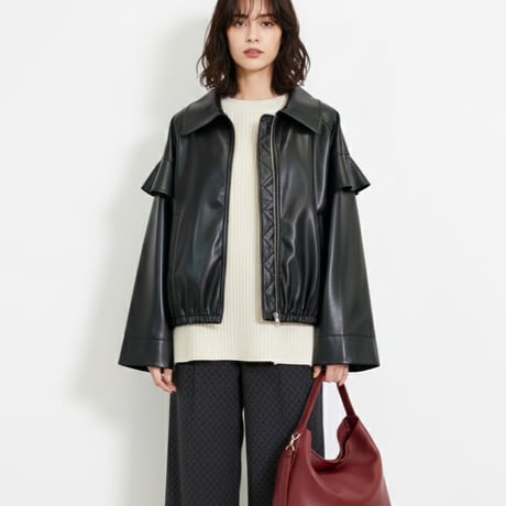 フェイクレザー ステンカラー フリルスリーブ ジャケット CH_hdmn