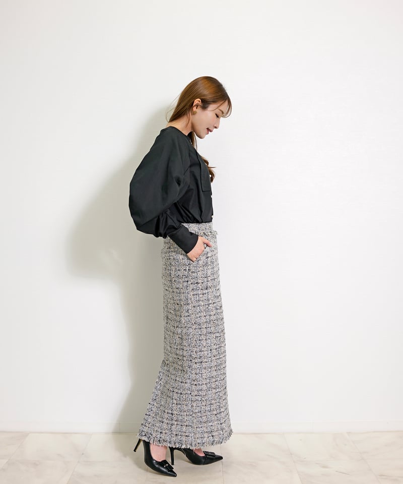 ミックス ツイード フリンジヘム セミタイトスカート ロング CH_hdmn
