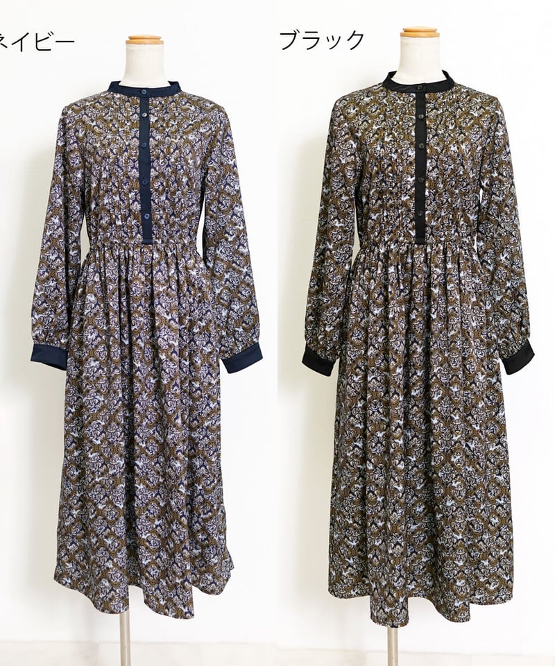 アラベスク バロック柄 ピンタックワンピース レトロ 欧風