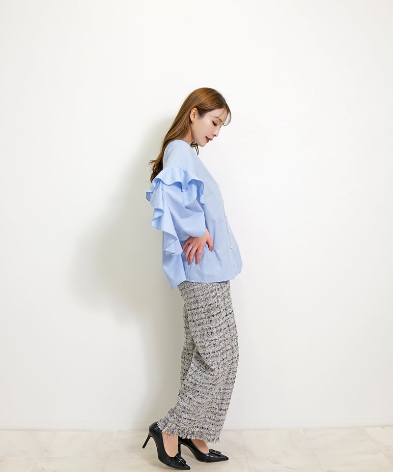 エムプルミエ ポンチデザインスリーブパールボタンポロシャツ SALE】先週の人気アイテム＜ポンチデザインスリーブパールボタン