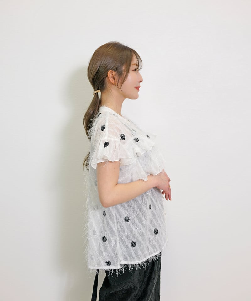 まゆ です★美品★ダブルドットプリントブラウス TOMORROWLAND collection｜《手洗い可》ドットプリントボー