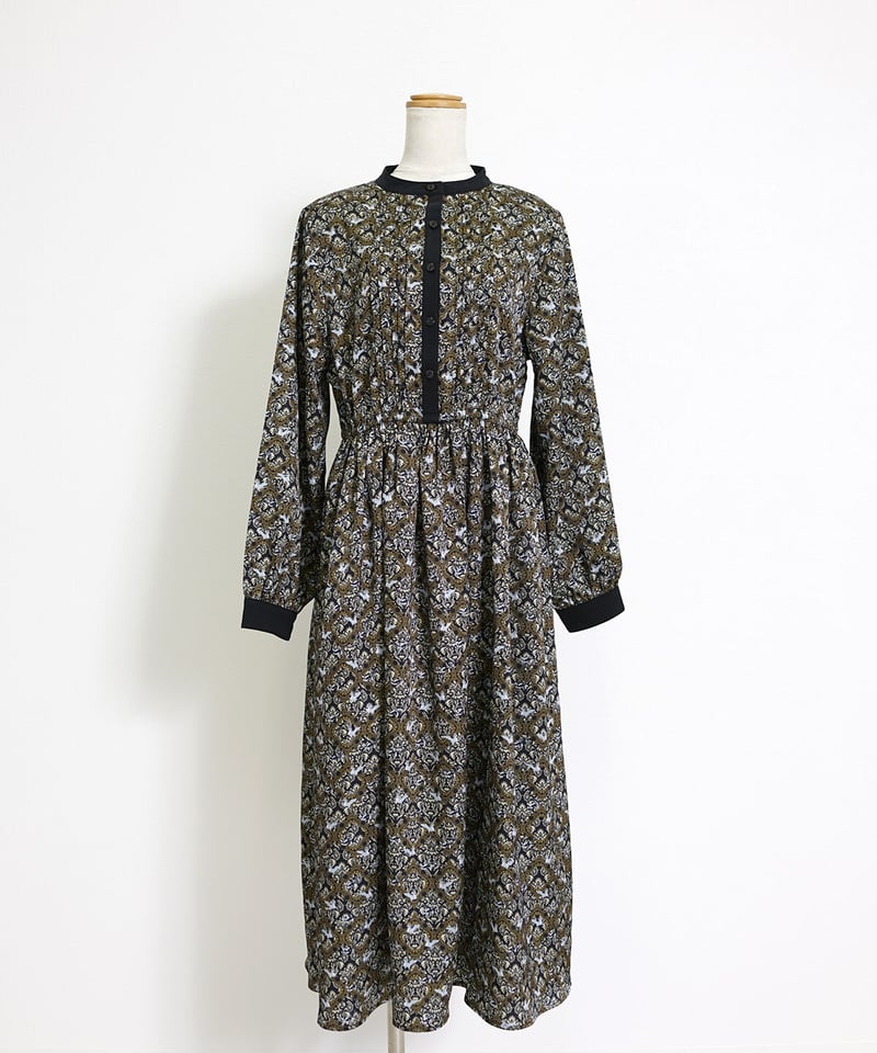 アラベスク バロック柄 ピンタックワンピース レトロ 欧風