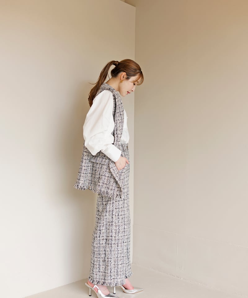 ミックス ツイード フリンジヘム ダブルブレスト ジレ CH_hdmn | CH_hdmn