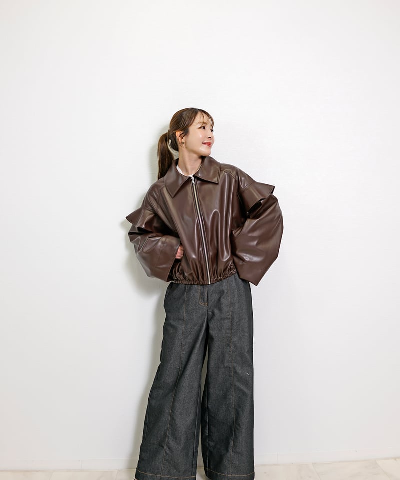 2025AW新作】 フェイクレザー ステンカラー フリルスリーブ ジャケット