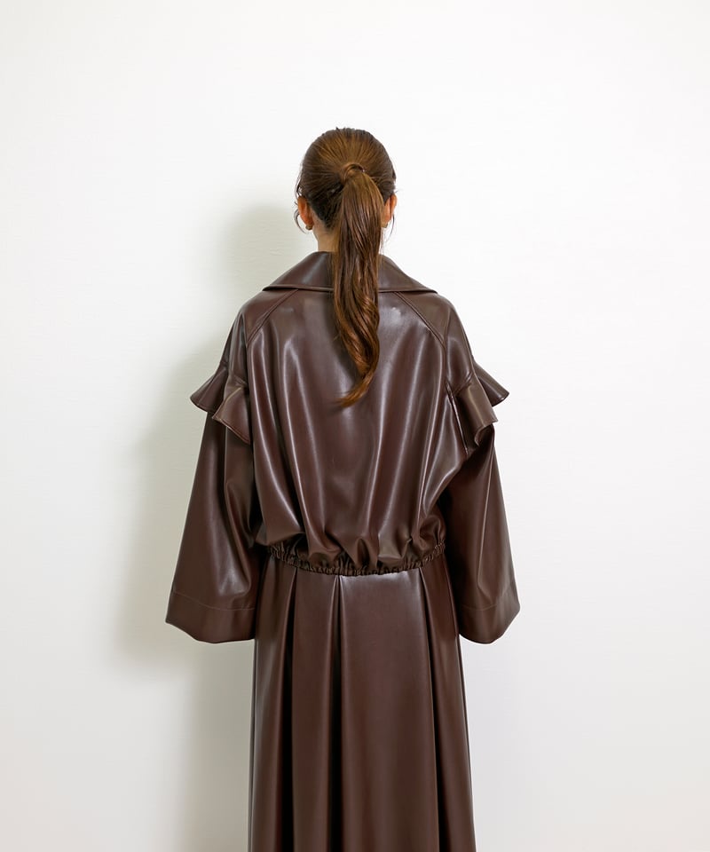 2025AW新作】 フェイクレザー ステンカラー フリルスリーブ ジャケット