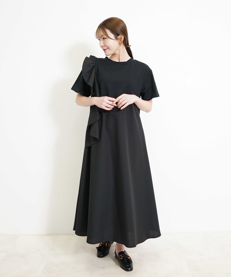 アシメ ショルダーフリル Aライン ドッキング カットソー