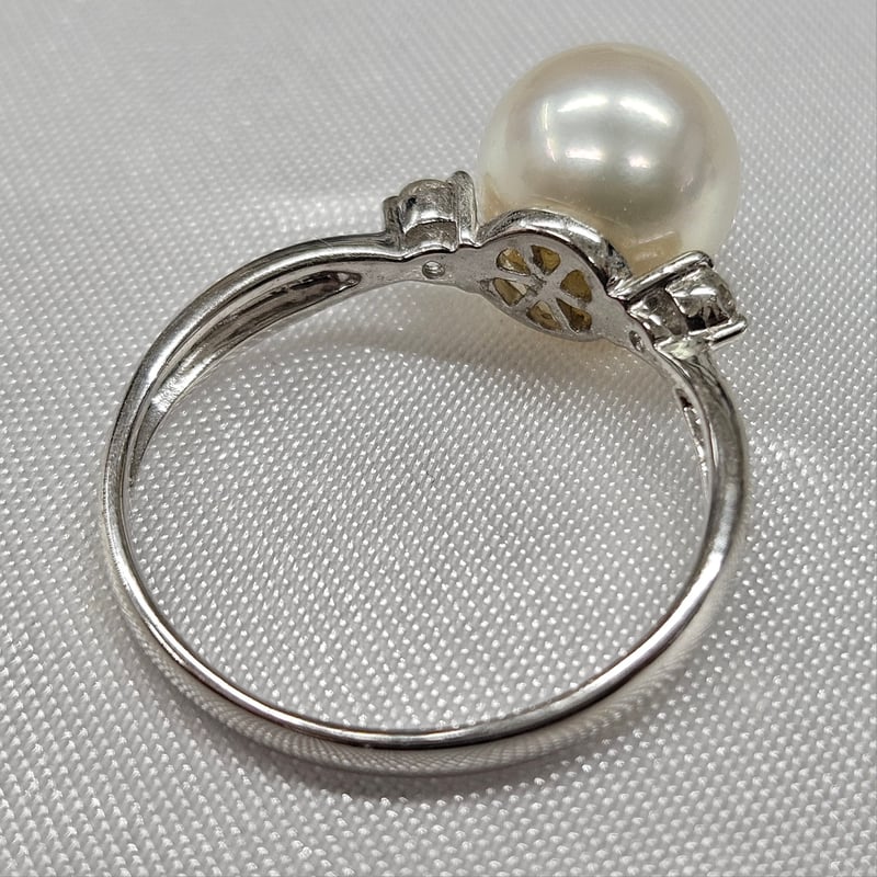 パール リング 真珠 3P ダイヤモンド0.04ct K18WG 12.5号 ホワイト