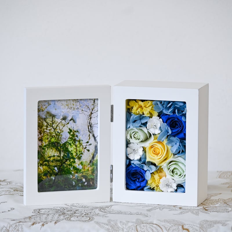 フラワーフォトフレーム L版・ブルー（プリザーブドフラワー
