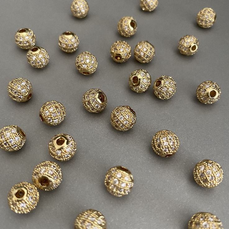 3pcs ] パヴェボール ゴールド 6mm / 8mm キュービックジルコニア 