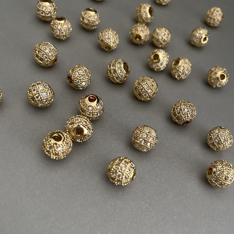 3pcs ] パヴェボール ゴールド 6mm / 8mm キュービックジルコニア 