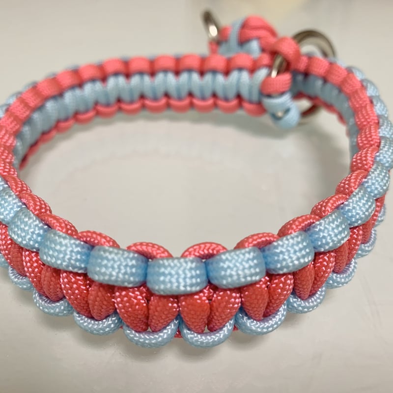 サーモンピンク×水色 パラコード首輪 チョークタイプ 34cm