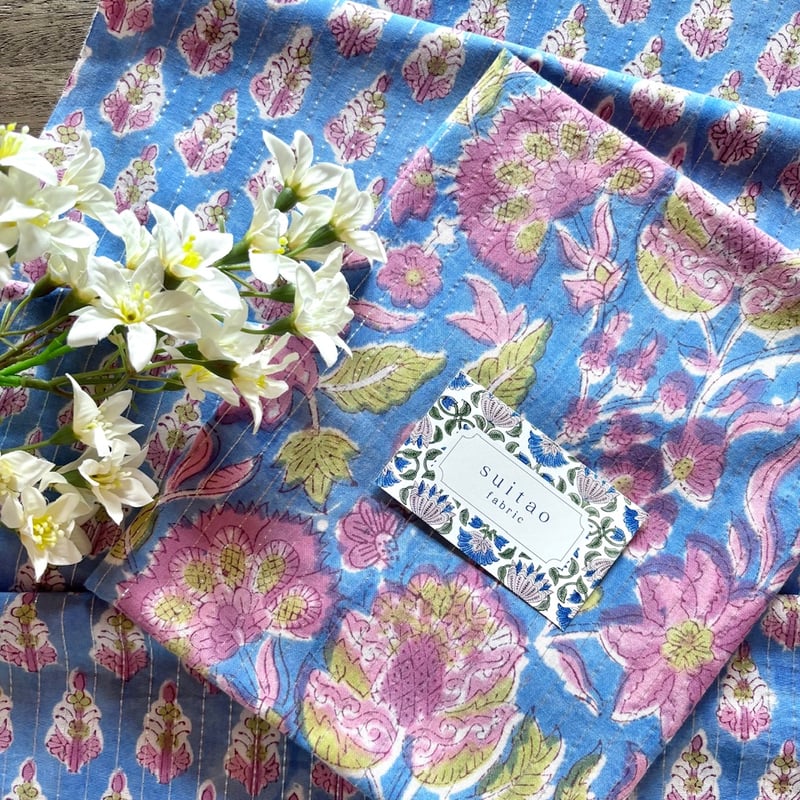 インド綿ラメ糸入り ハンドブロックプリント生地 FB-25061615HBC①