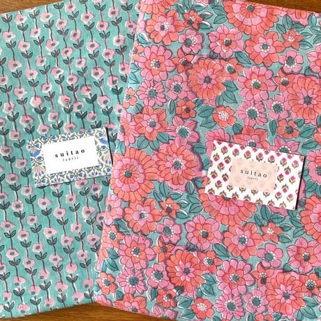 セット販売（各2m,合計4m）　インド綿　ハンドブロックプリント生地　FB-22090585HBC