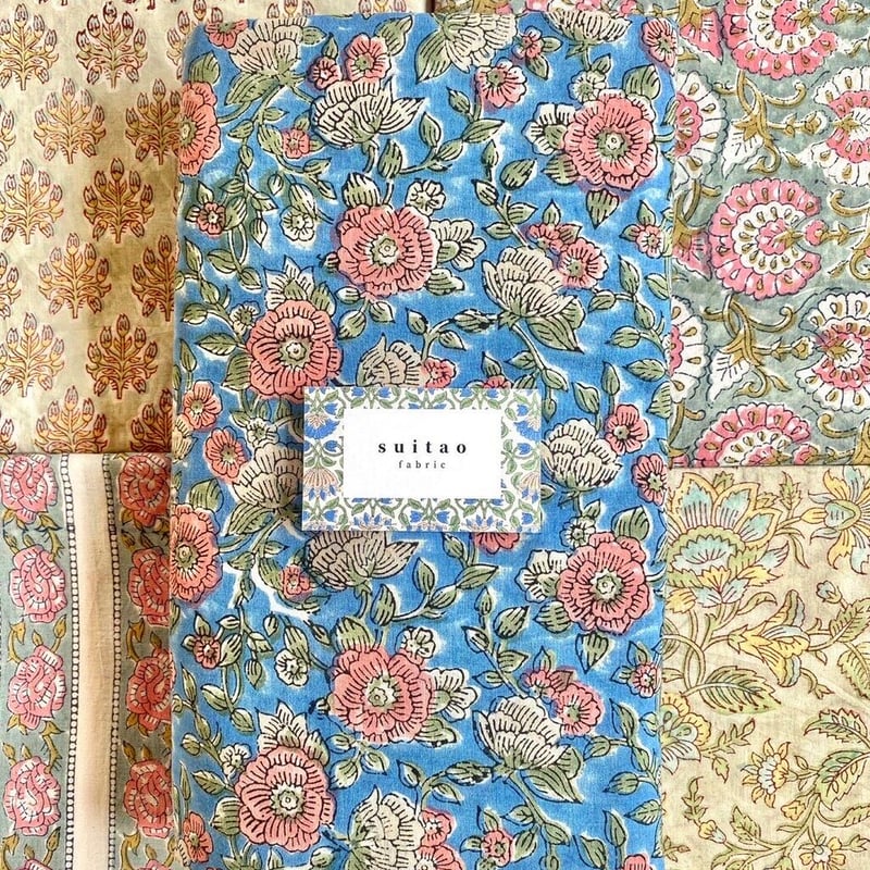 ANOKHI インド製 ピンク×水色のハンドブロックプリントカフタン【5S-3】 ANOKHI インド製 ピンク×水色のハンドブロックプリントカフタン