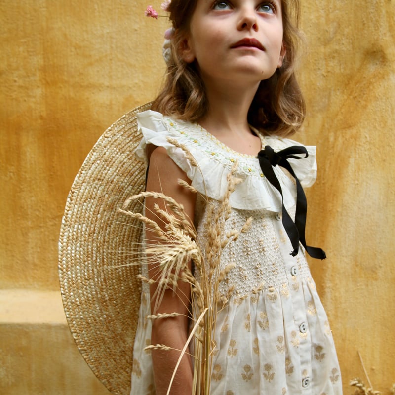 ワンピース Bonjour Diary Ibiza top + hair clip 6y BONJOUR DIARY IBIZA TUNIC + BOW / GOLDEN FLOWER IVORY - Milk