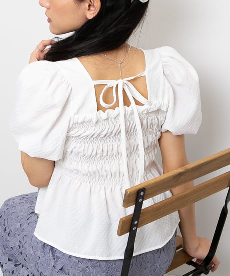 back ribbon puff sleeve blouse