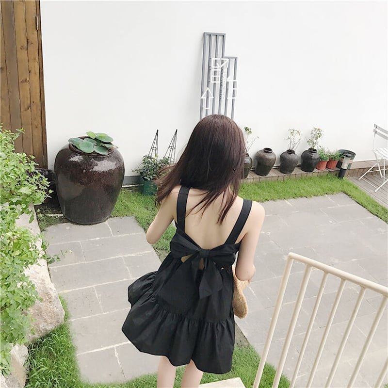 夏 大きめバックリボンミニドレス フレアスカート リゾート 海外旅行  