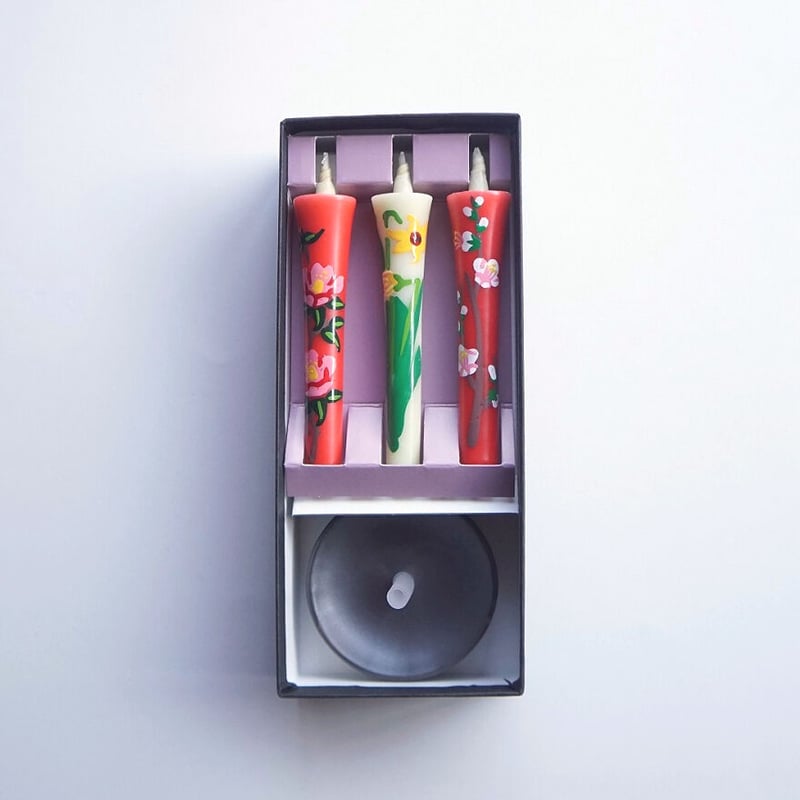 手描絵ろうそく2号3本 ミニ燭台セット | 高澤ろうそく 公式オンライン